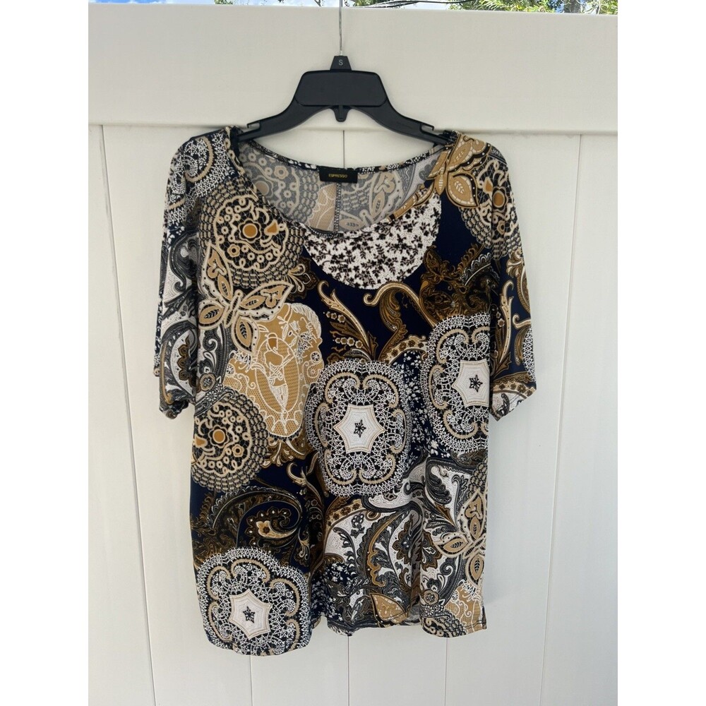 Espresso Paisley Geometric Blouse Womens XL Short Sleeve Stretch Multicolor Boho